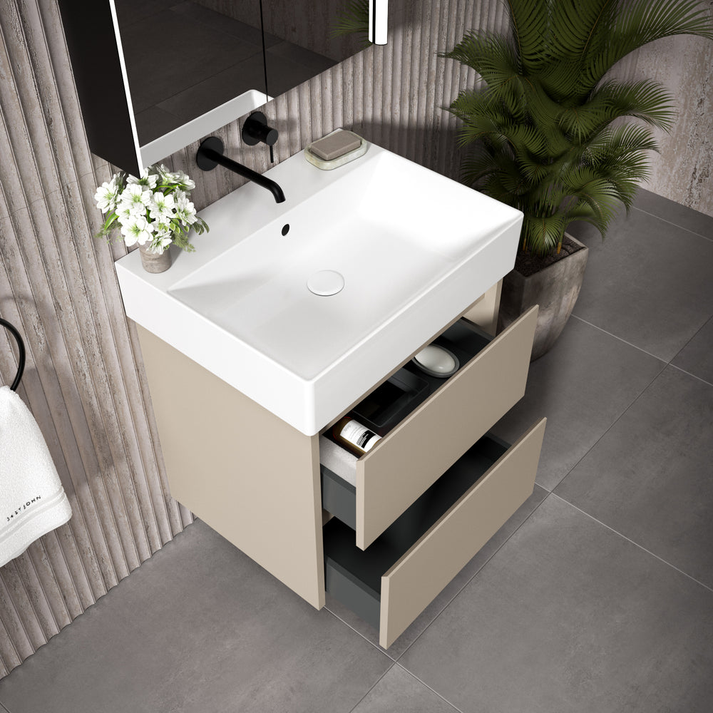 GSI Kube Bevel Slimline Double Drawer With Ceramic Basin - Matt Pebble  600mm x 470mm