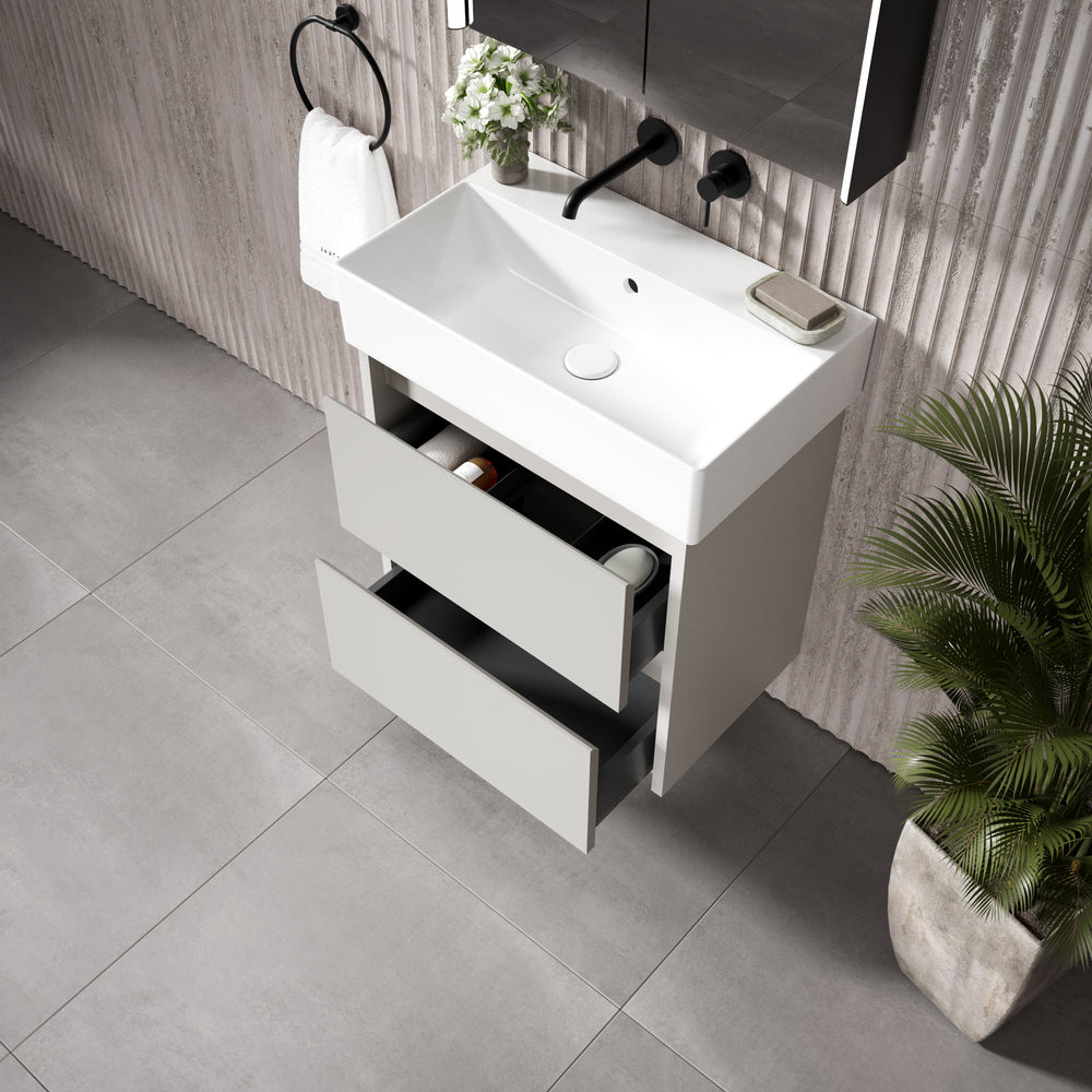 GSI Kube Bevel Slimline Double Drawer Vanity Unit With Ceramic Basin - Matt Grey 600mm x 370mm