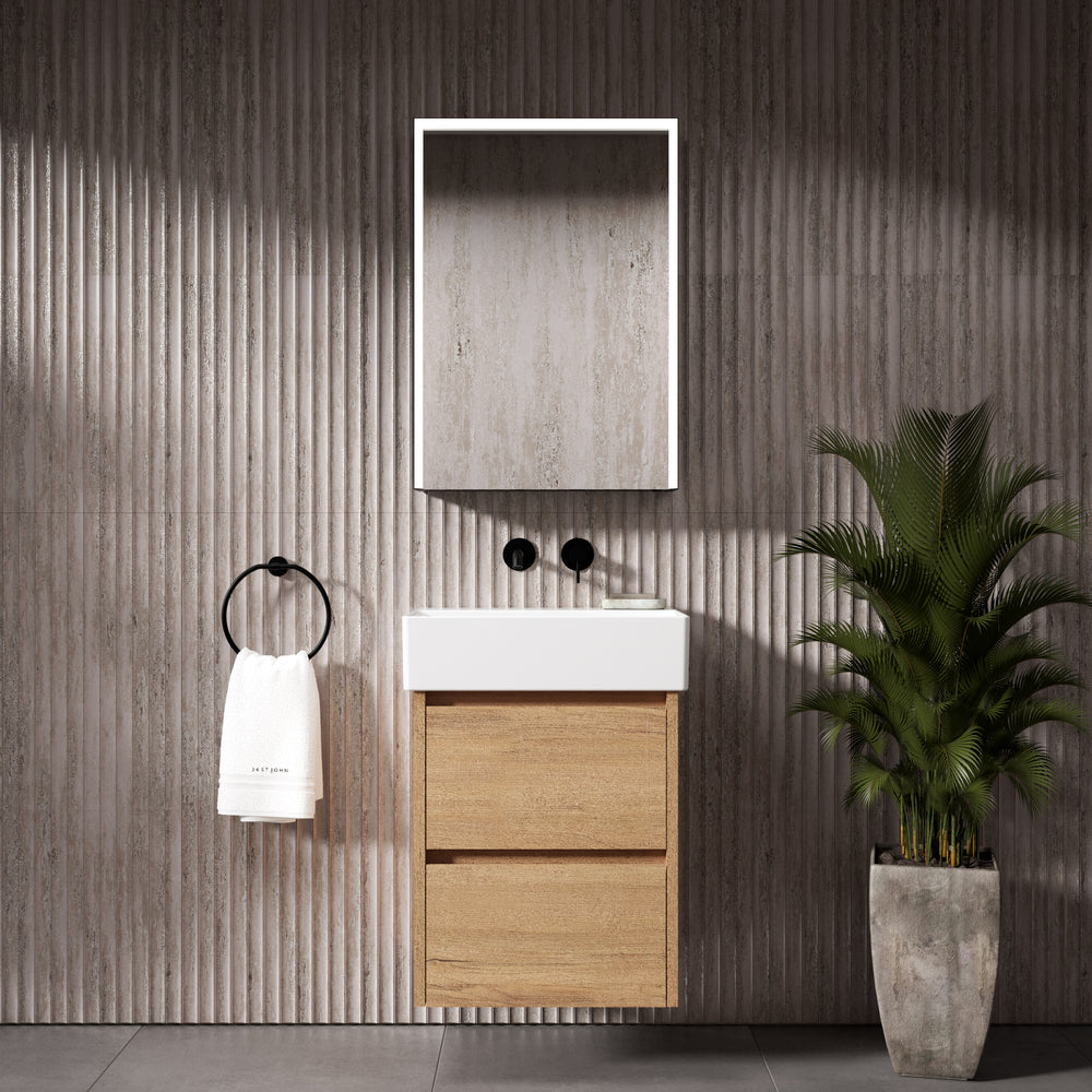 GSI Kube Bevel Slimline Double Drawer Vanity Unit With Ceramic Basin - Oak (Pacific Walnut) 500mm x 370mm