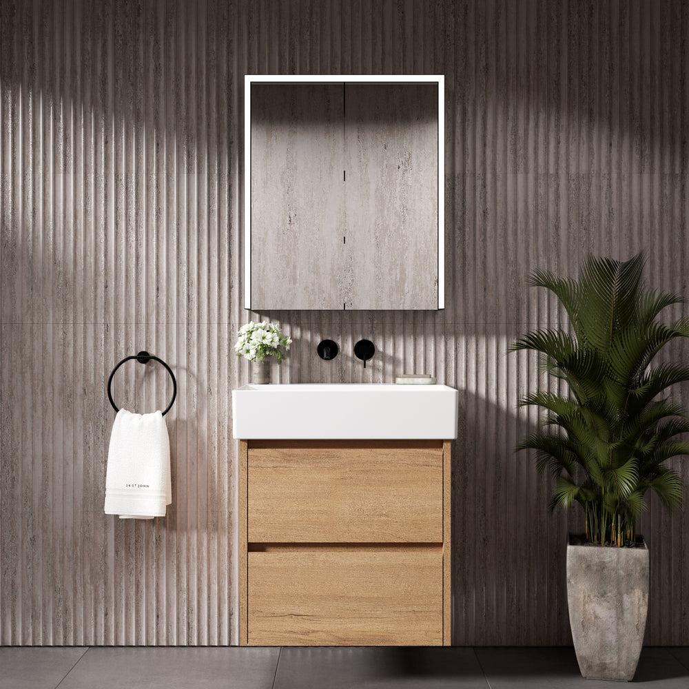 GSI Kube Bevel Slimline Double Drawer Vanity Unit With Ceramic Basin - Oak (Pacific Walnut) 600mm x 470mm
