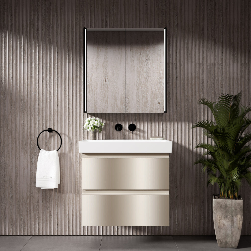 GSI Nubes Ribbed Double Drawer Vanity Unit With Ceramic Basin - Cashmere (Oatmeal) 700mm x 400mm