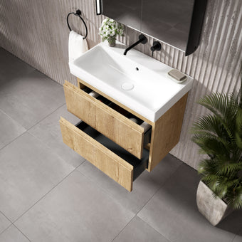 GSI Nubes Ribbed Double Drawer Vanity Unit With Ceramic Basin - Oak 700mm x 400mm