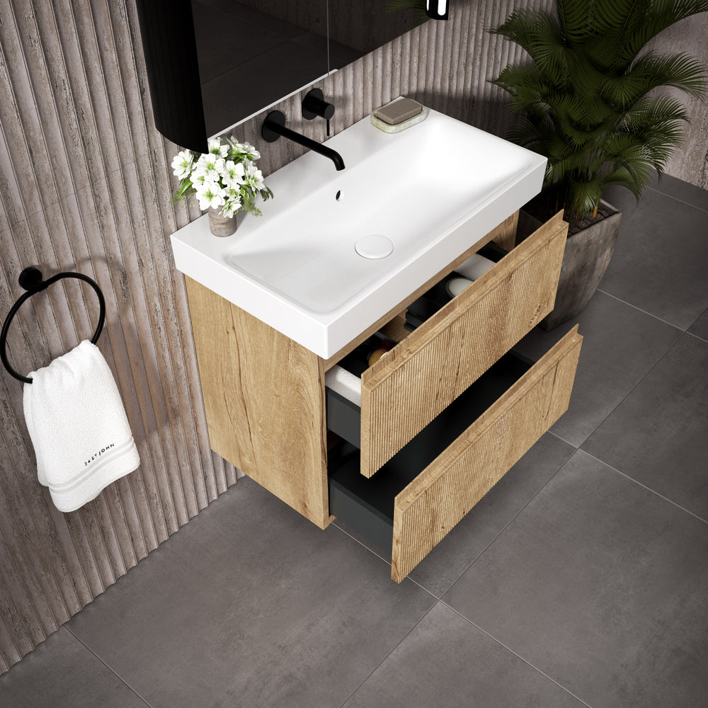 GSI Nubes Ribbed Double Drawer Vanity Unit With Ceramic Basin - Oak 700mm x 400mm