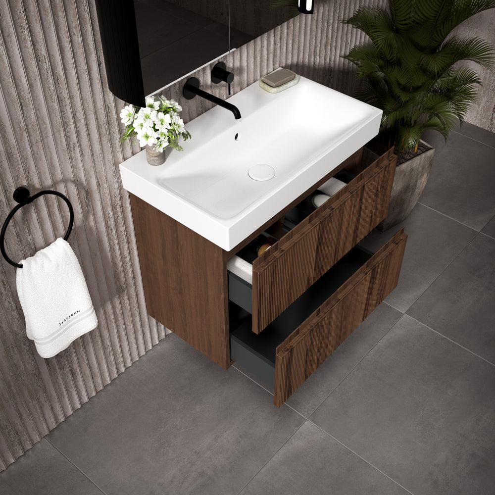 GSI Nubes Ribbed Double Drawer Vanity Unit With Ceramic Basin - Walnut 700mm x 400mm