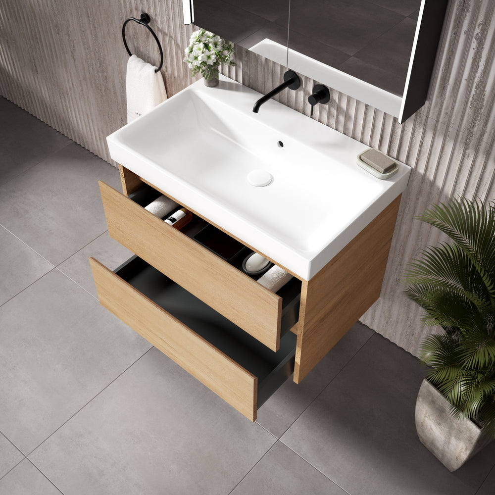 GSI Nubes Bevel Double Drawer Vanity Unit With Ceramic Basin - Oak 800mm x 500mm