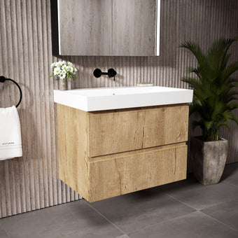 GSI Nubes Ribbed Double Drawer Vanity Unit With Ceramic Basin - Oak 800mm x 500mm
