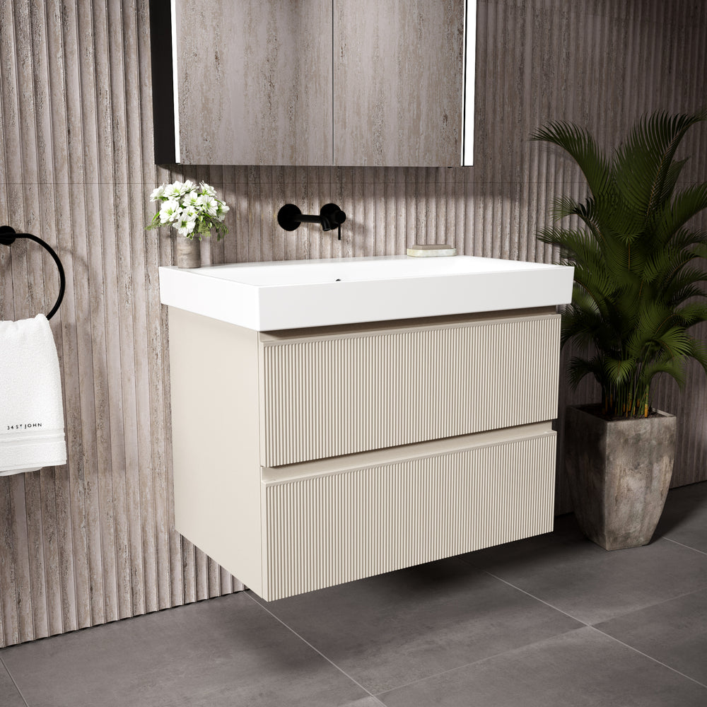 GSI Nubes Ribbed Double Drawer Vanity Unit With Ceramic Basin - Cashmere (Oatmeal) 800mm x 500mm