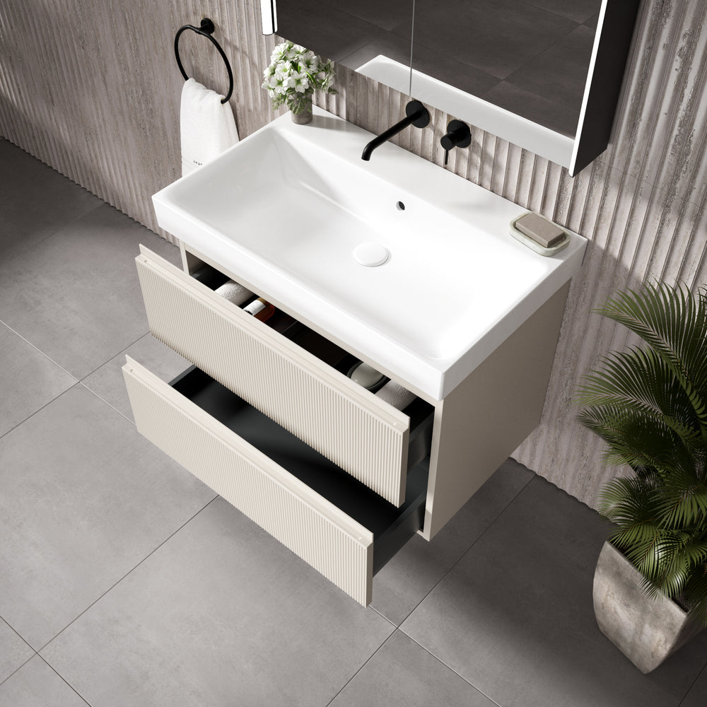 GSI Nubes Ribbed Double Drawer Vanity Unit With Ceramic Basin - Cashmere (Oatmeal) 800mm x 500mm