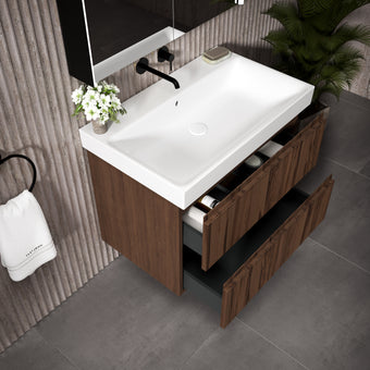 GSI Nubes Ribbed Double Drawer Vanity Unit With Ceramic Basin - Walnut 800mm x 500mm