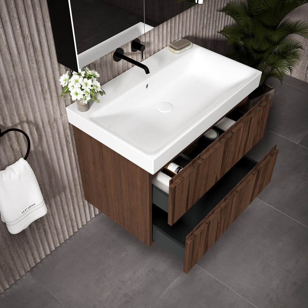 GSI Nubes Ribbed Double Drawer Vanity Unit With Ceramic Basin - Walnut 800mm x 500mm