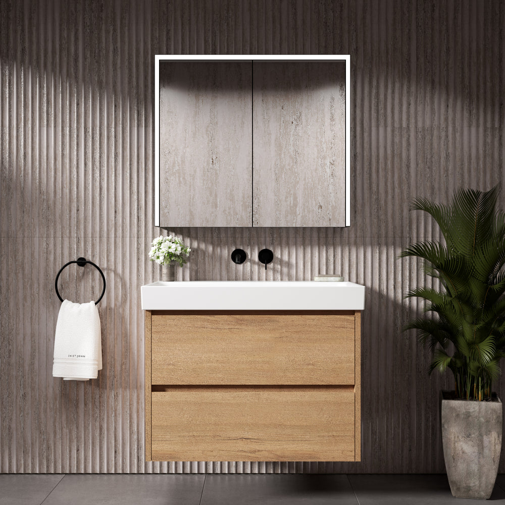 GSI Nubes Bevel Double Drawer Vanity Unit With Ceramic Basin - Oak (Pacific Walnut) 800mm x 500mm