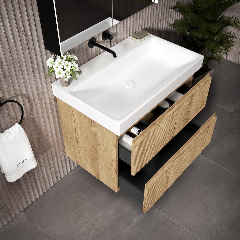 GSI Nubes Ribbed Double Drawer Vanity Unit With Ceramic Basin - Oak 800mm x 500mm