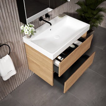 GSI Nubes Bevel Double Drawer Vanity Unit With Ceramic Basin - Oak (Pacific Walnut) 800mm x 500mm