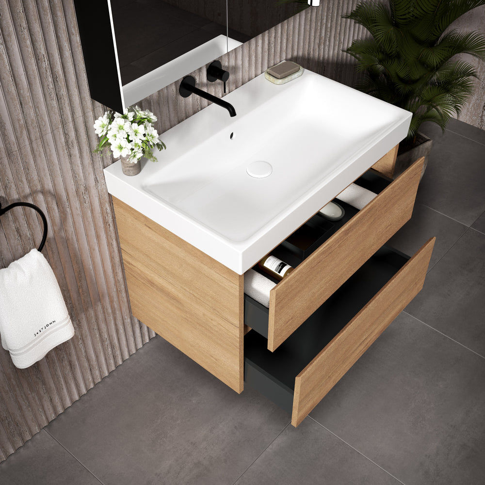 GSI Nubes Bevel Double Drawer Vanity Unit With Ceramic Basin - Oak (Pacific Walnut) 800mm x 500mm