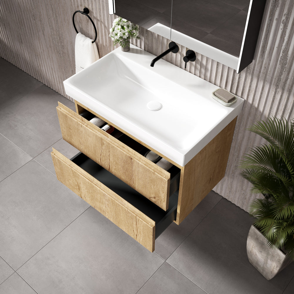 GSI Nubes Ribbed Double Drawer Vanity Unit With Ceramic Basin - Oak 800mm x 500mm