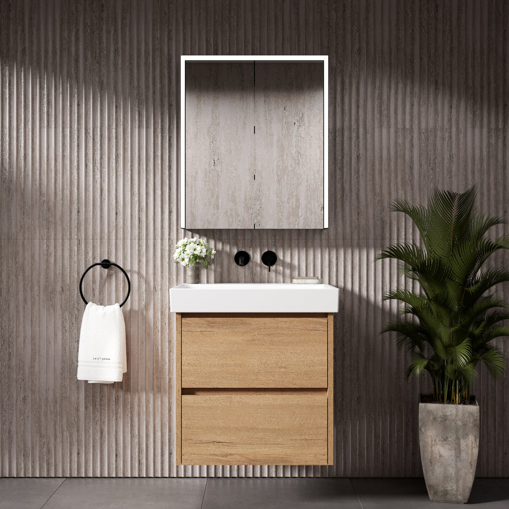 GSI Nubes Bevel Double Drawer Vanity Unit With Ceramic Basin - Oak 600mm x 500mm