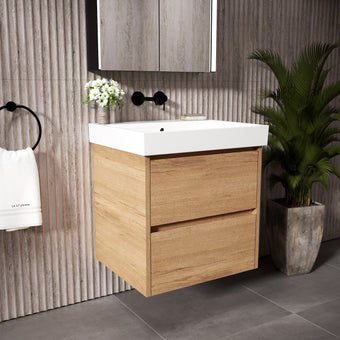 GSI Nubes Bevel Double Drawer Vanity Unit With Ceramic Basin - Oak 600mm x 500mm