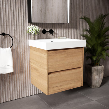 GSI Nubes Bevel Double Drawer Vanity Unit With Ceramic Basin - Oak 600mm x 500mm