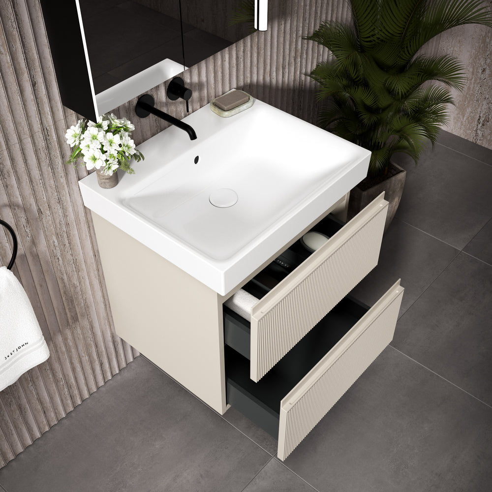 GSI Nubes Ribbed Double Drawer Vanity Unit With Ceramic Basin - Cashmere 600mm x 500mm