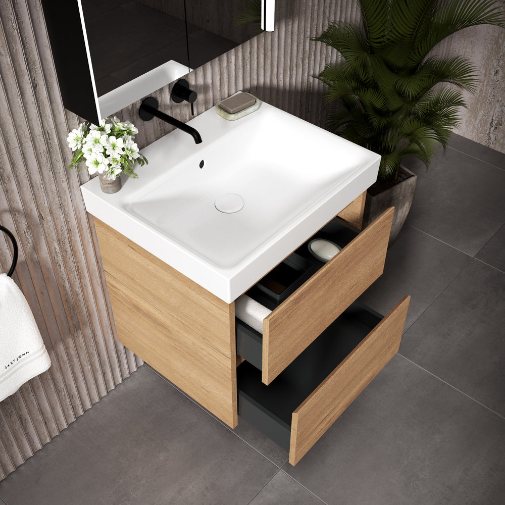 GSI Nubes Bevel Double Drawer Vanity Unit With Ceramic Basin - Oak 600mm x 500mm