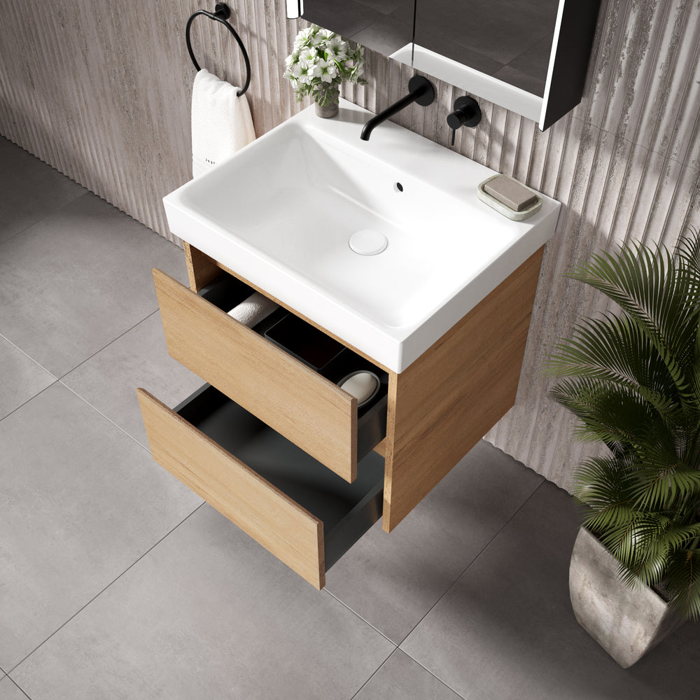 GSI Nubes Bevel Double Drawer Vanity Unit With Ceramic Basin - Oak 600mm x 500mm