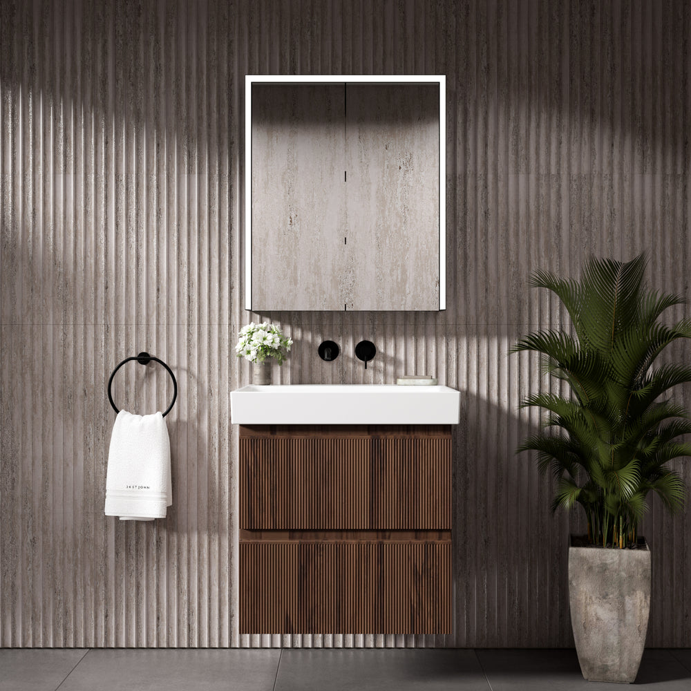 GSI Nubes Ribbed Double Drawer Vanity Unit With Ceramic Basin - Walnut 600mm x 500mm
