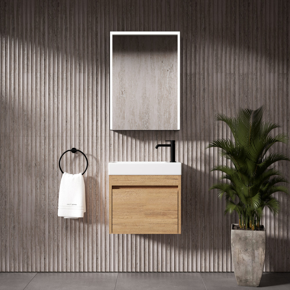 GSI Nubes Bevel Single Reversible Door Vanity Unit With Ceramic Basin - Oak (Pacific Walnut) 500mm x 250mm