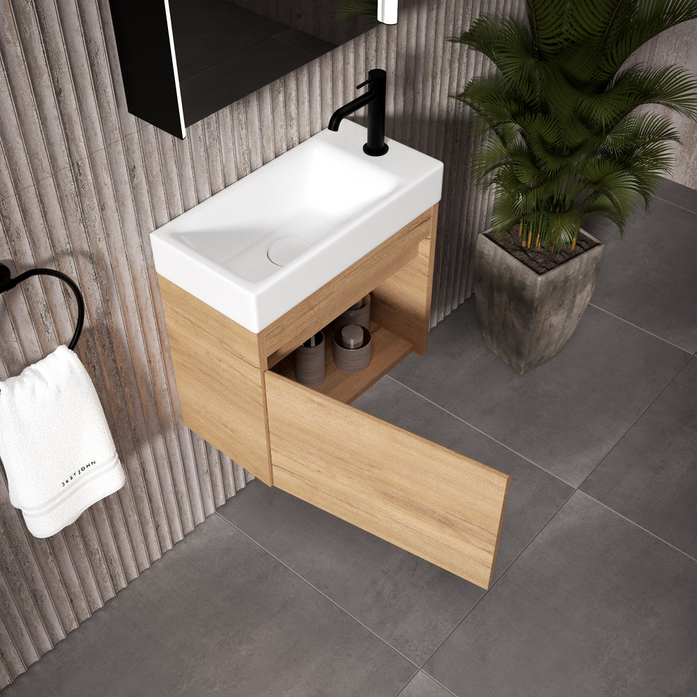 GSI Nubes Bevel Single Reversible Door Vanity Unit With Ceramic Basin - Oak (Pacific Walnut) 500mm x 250mm