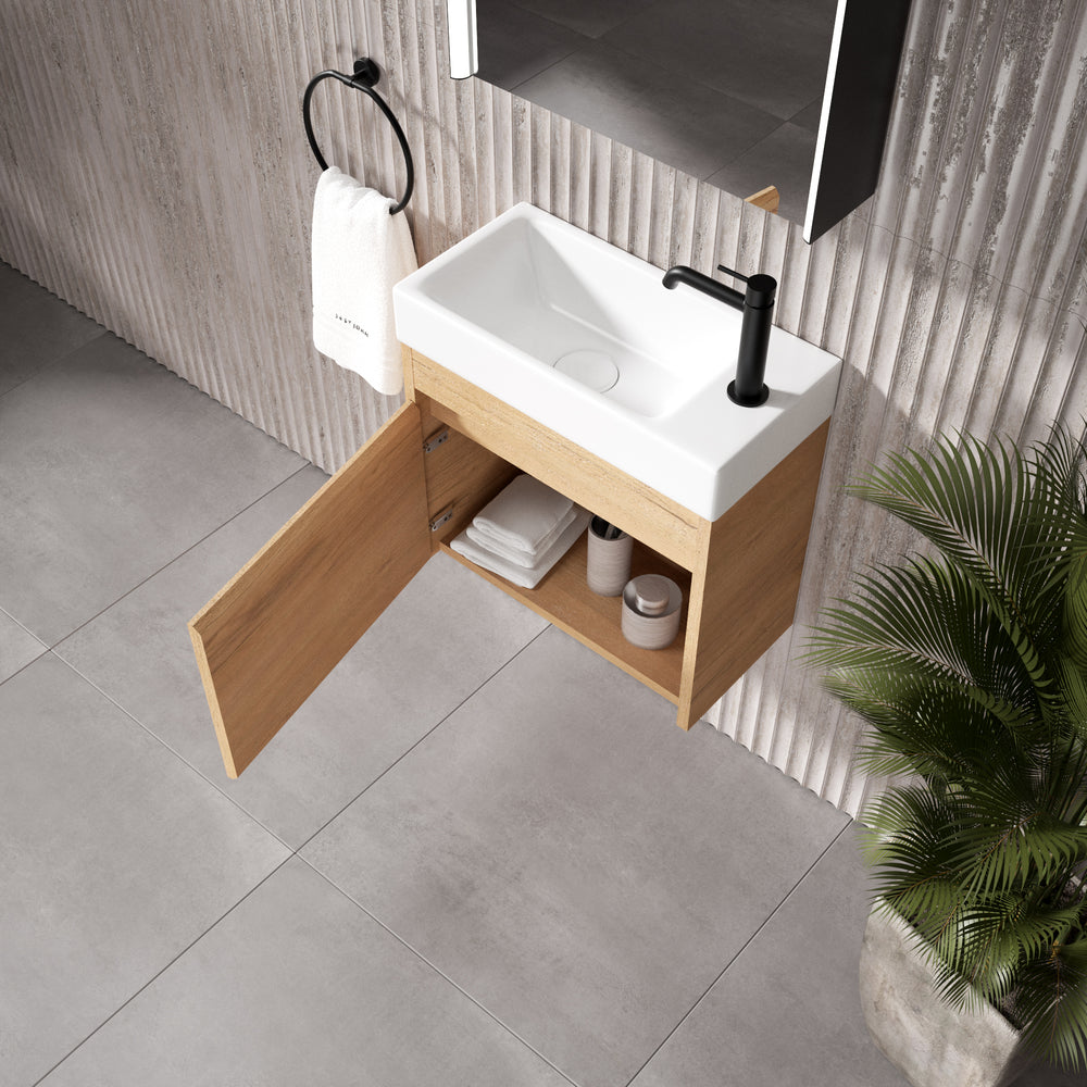 GSI Nubes Bevel Single Reversible Door Vanity Unit With Ceramic Basin - Oak (Pacific Walnut) 500mm x 250mm