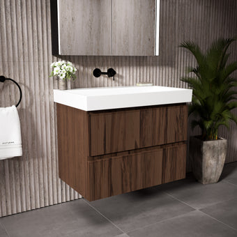 GSI Nubes Ribbed Double Drawer Vanity Unit With Ceramic Basin - Walnut 800mm x 500mm