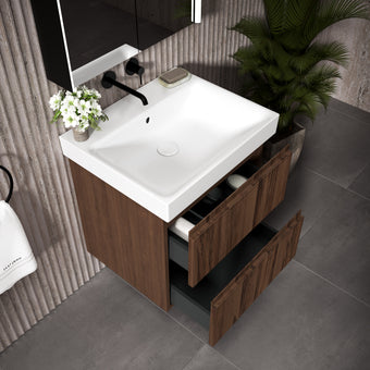 GSI Nubes Ribbed Double Drawer Vanity Unit With Ceramic Basin - Walnut 600mm x 500mm