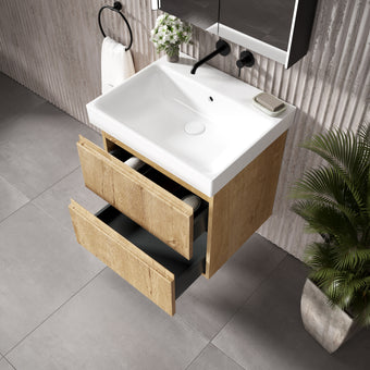 GSI Nubes Ribbed Double Drawer Vanity Unit With Ceramic Basin - Oak 600mm x 500mm