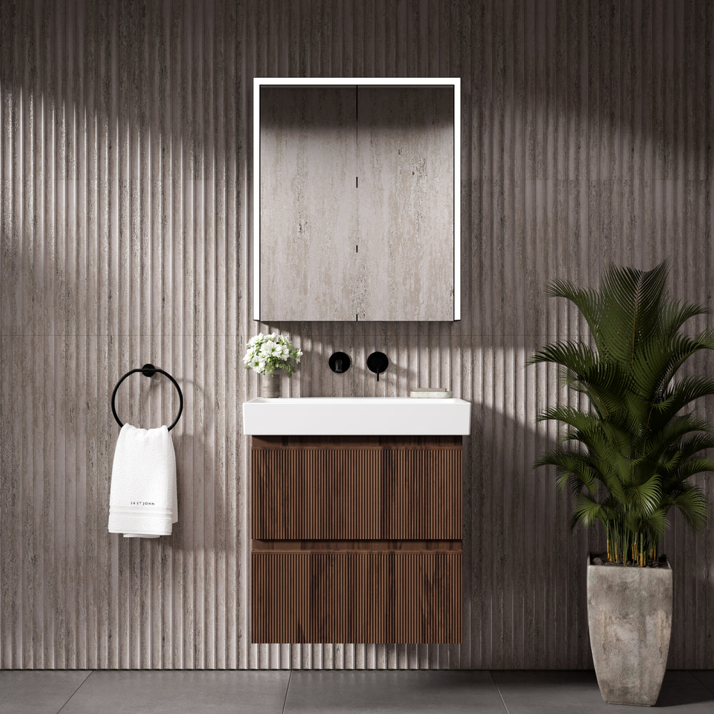 GSI Nubes Ribbed Double Drawer Vanity Unit With Ceramic Basin - Walnut 600mm x 400mm