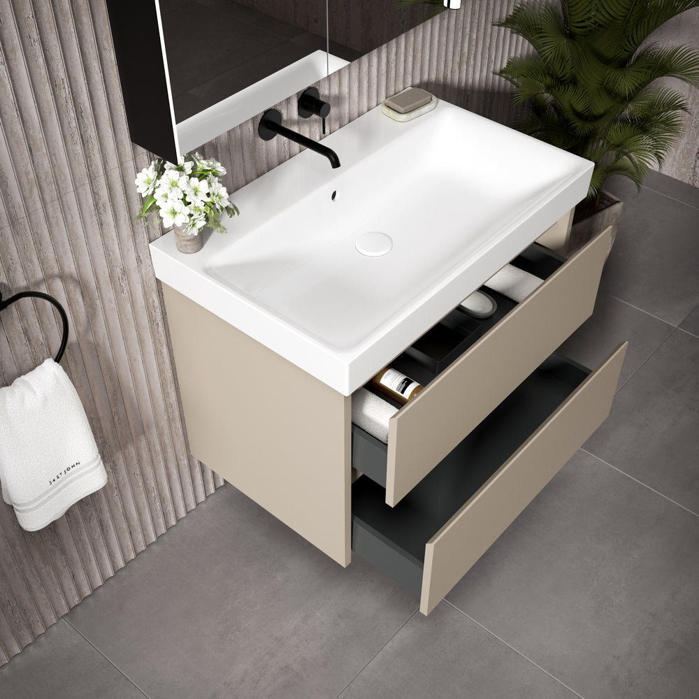 GSI Nubes Bevel Double Drawer Vanity Unit With Ceramic Basin - Matt Pebble 800mm x 500mm