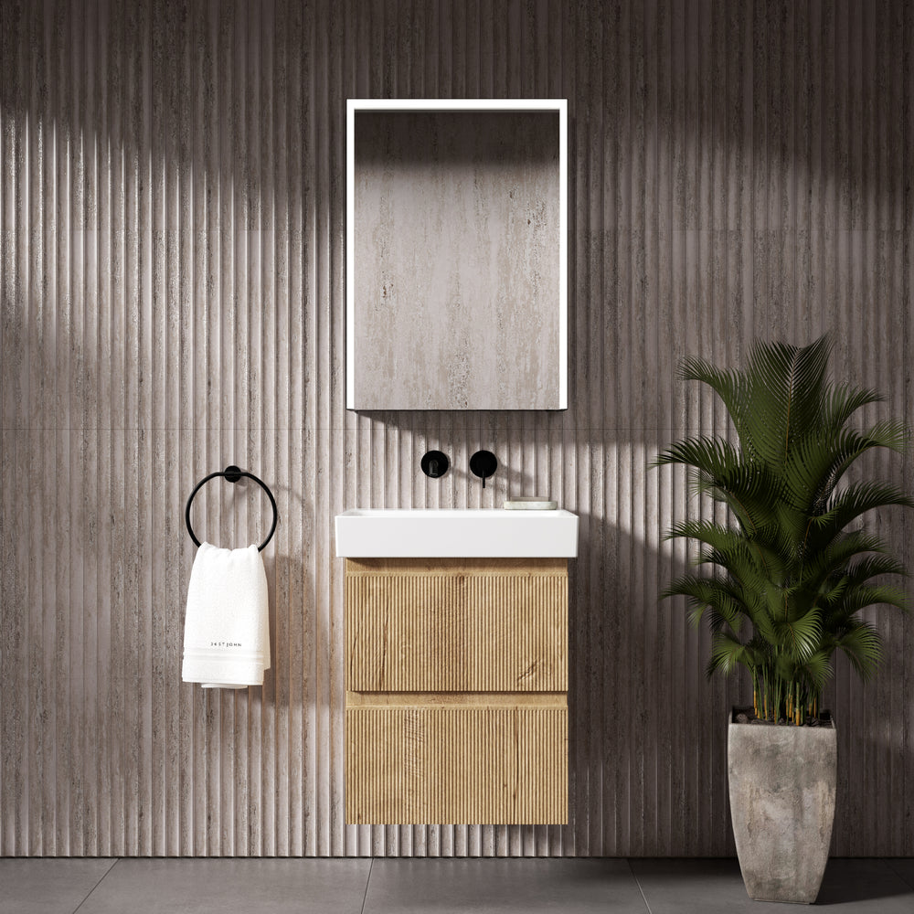 GSI Nubes Ribbed Double Drawer Vanity Unit With Ceramic Basin - Oak 500mm x 400mm