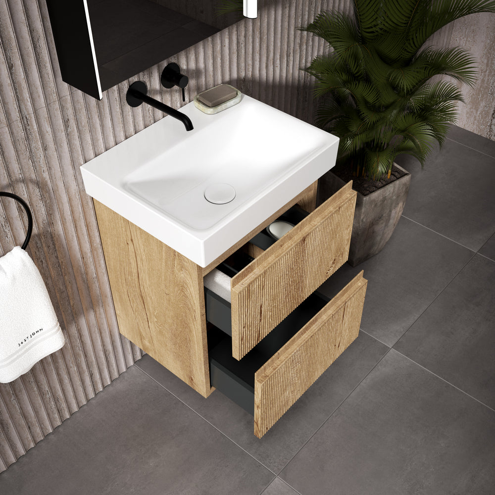 GSI Nubes Ribbed Double Drawer Vanity Unit With Ceramic Basin - Oak 500mm x 400mm