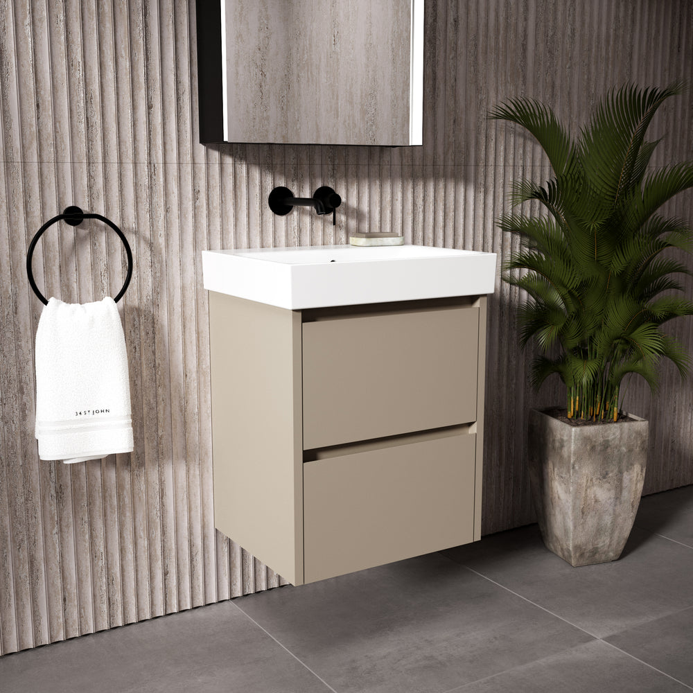 GSI Nubes Bevel Slimline Double Drawer Vanity Unit With Ceramic Basin - Matt Pebble 500mm x 400mm