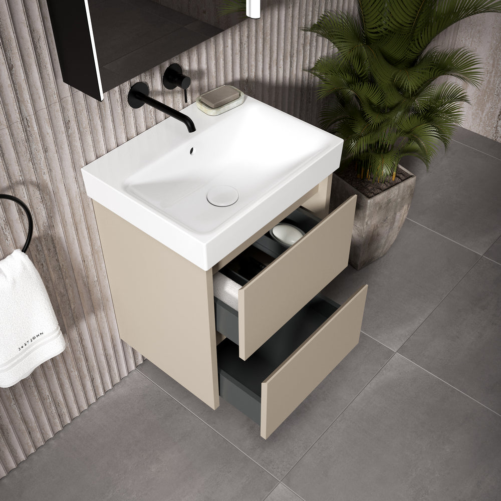 GSI Nubes Bevel Slimline Double Drawer Vanity Unit With Ceramic Basin - Matt Pebble 500mm x 400mm
