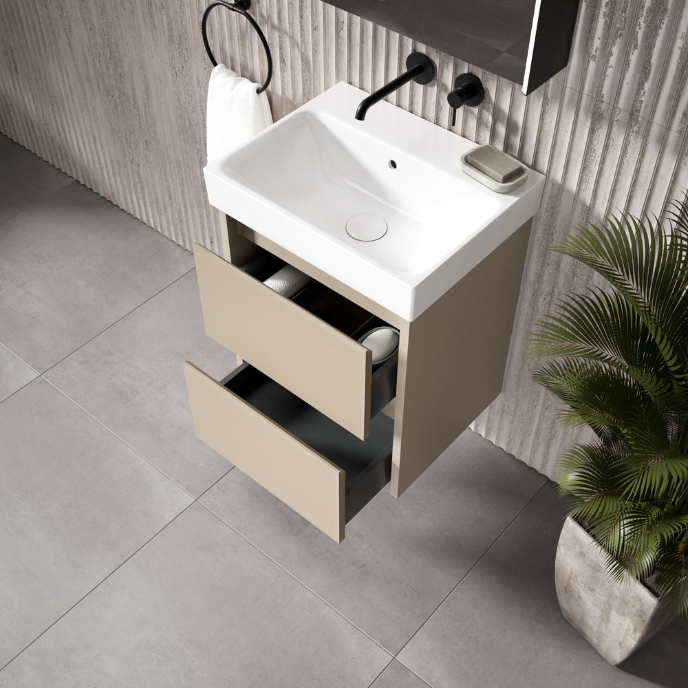 GSI Nubes Bevel Slimline Double Drawer Vanity Unit With Ceramic Basin - Matt Pebble 500mm x 400mm
