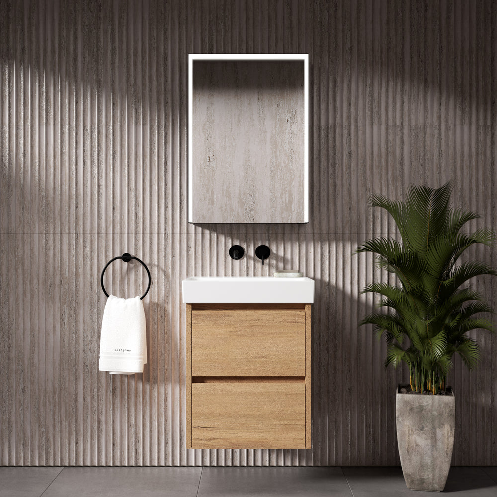 GSI Nubes Bevel Slimline Double Drawer Vanity Unit With Ceramic Basin - Oak (Pacific Walnut) 500mm x 400mm