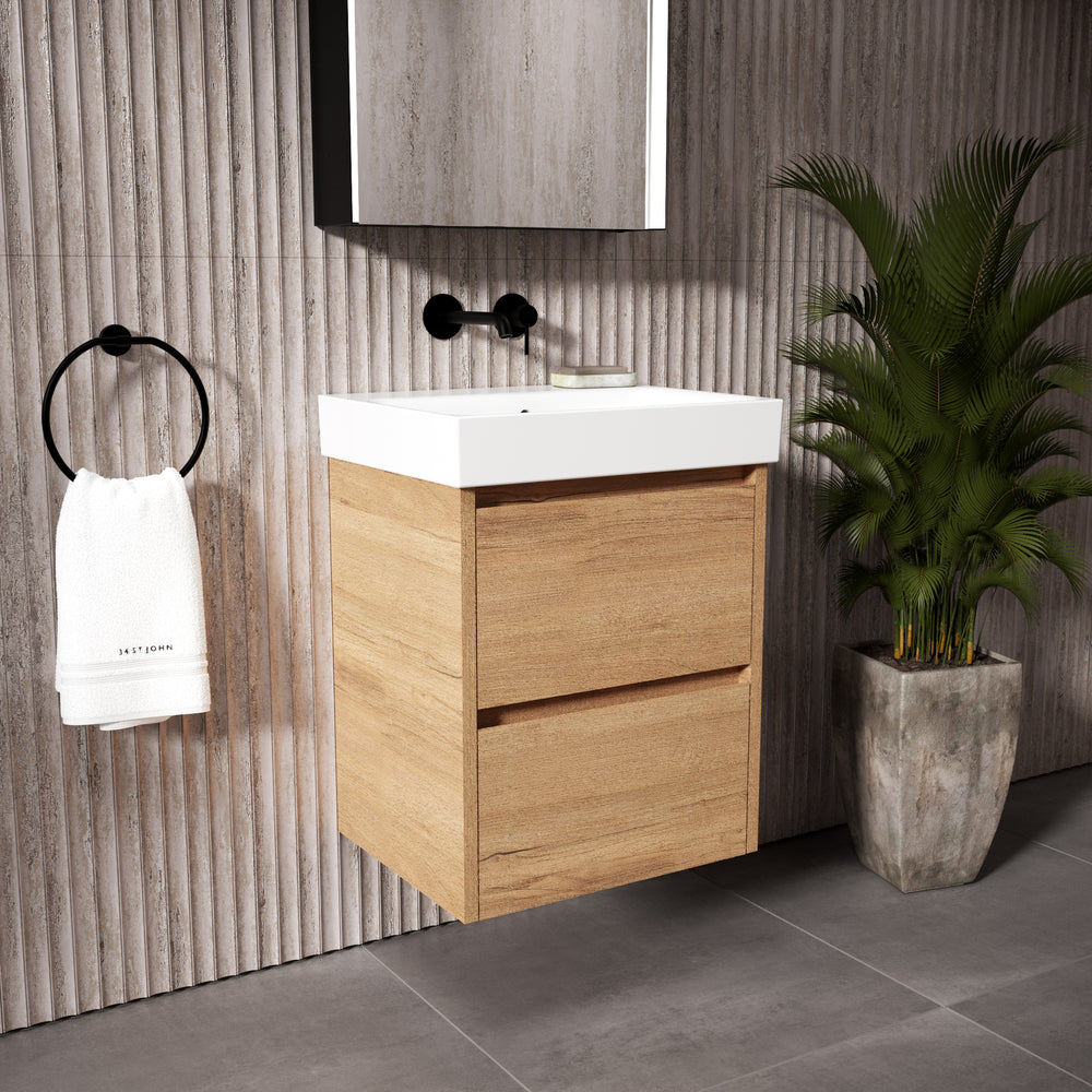 GSI Nubes Bevel Slimline Double Drawer Vanity Unit With Ceramic Basin - Oak (Pacific Walnut) 500mm x 400mm