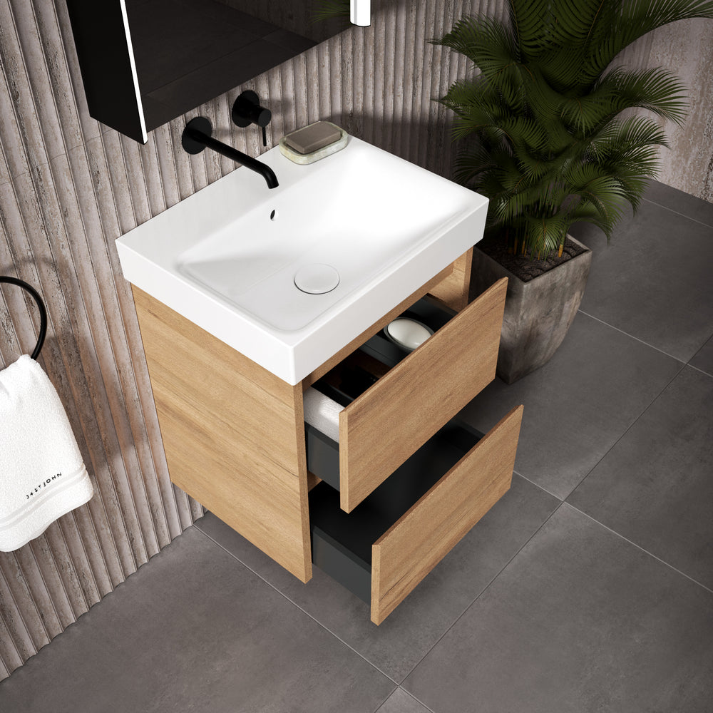 GSI Nubes Bevel Slimline Double Drawer Vanity Unit With Ceramic Basin - Oak (Pacific Walnut) 500mm x 400mm