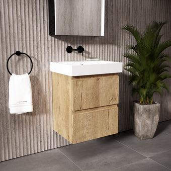GSI Nubes Ribbed Double Drawer Vanity Unit With Ceramic Basin - Oak 500mm x 400mm