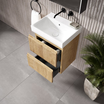 GSI Nubes Ribbed Double Drawer Vanity Unit With Ceramic Basin - Oak 500mm x 400mm