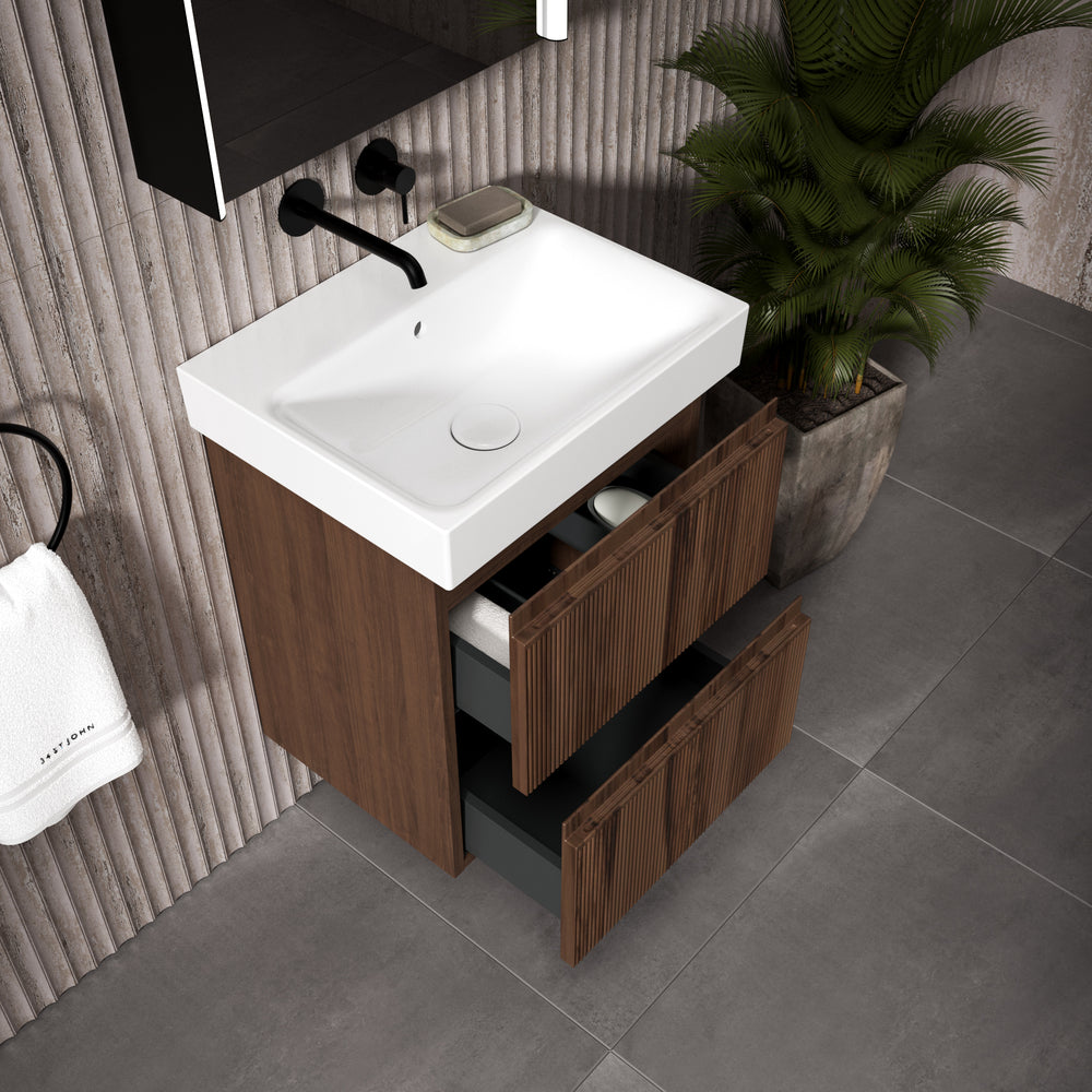 GSI Nubes Ribbed Double Drawer Vanity Unit With Ceramic Basin - Walnut 500mm x 400mm