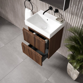 GSI Nubes Ribbed Double Drawer Vanity Unit With Ceramic Basin - Walnut 500mm x 400mm