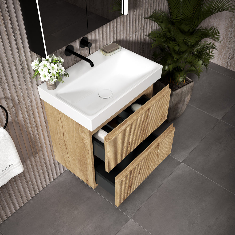 GSI Nubes Ribbed Double Drawer Vanity Unit With Ceramic Basin - Oak 600mm x 400mm