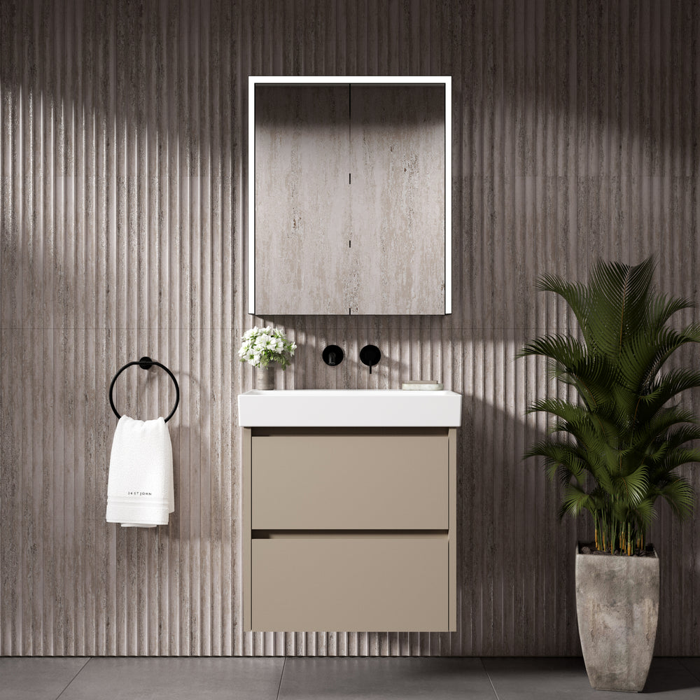 GSI Nubes Bevel Slimline Double Drawer Vanity Unit With Ceramic Basin - Matt Pebble 600mm x 400mm