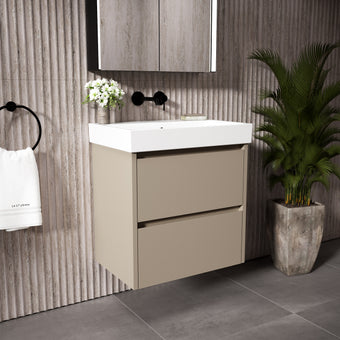 GSI Nubes Bevel Slimline Double Drawer Vanity Unit With Ceramic Basin - Matt Pebble 600mm x 400mm