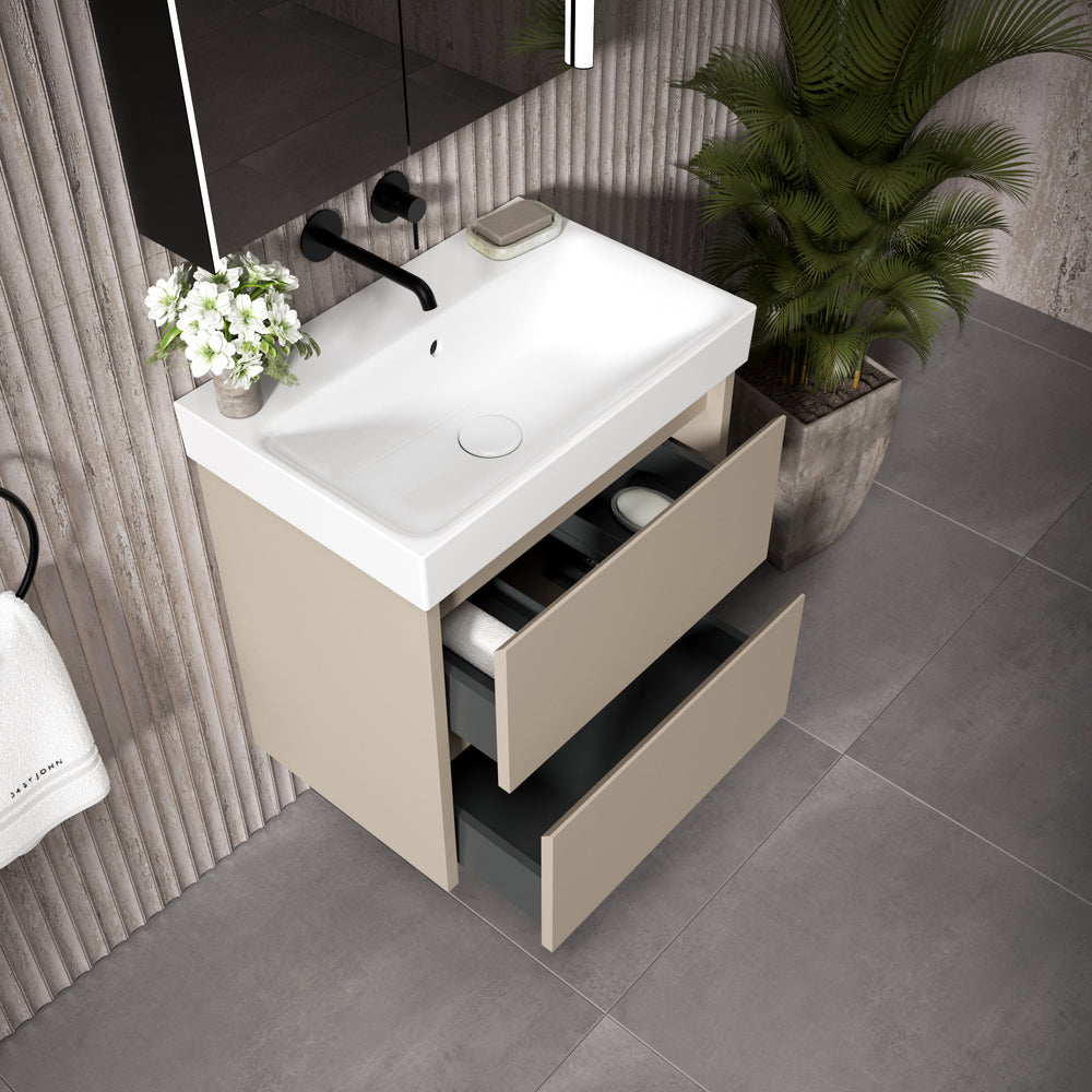 GSI Nubes Bevel Slimline Double Drawer Vanity Unit With Ceramic Basin - Matt Pebble 600mm x 400mm
